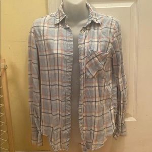 PLAID AEROPOSTALE FLANNEL WOMENS SMALL BLUE WHITE ORANGE